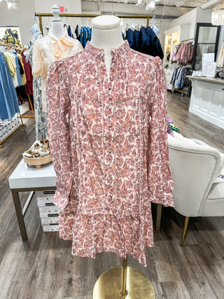 Whispering Rose Floral Print High Neck Lace Trim Dress