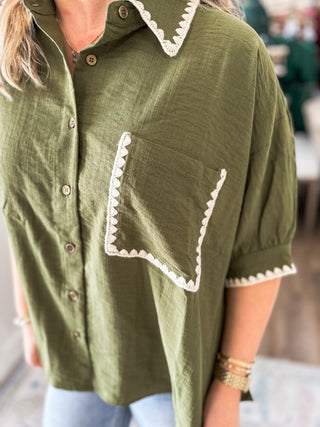 Olive Weekend Charm Scallop Trim Top