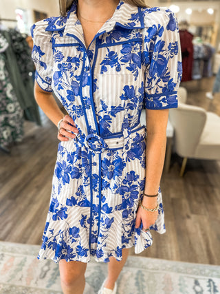 Deep Blue Stripes & Stems Buttoned & Belted Mini Dress