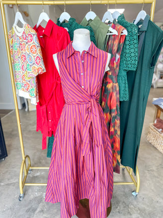 Plum Terracotta Striped Tie Waist Midi Dress