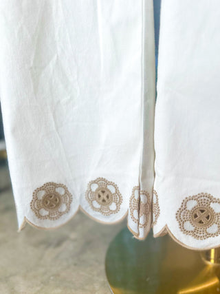 White Sweet Steps Embroidered Hem Wide Leg Pants