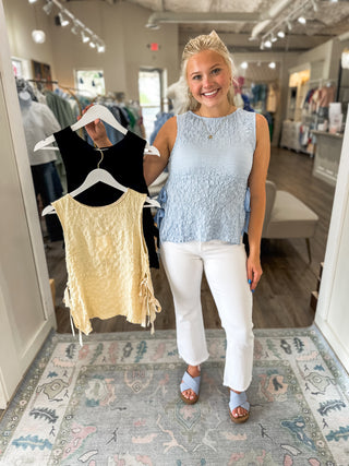 Pale Yellow Bubble Textile Sweet Bow Sleeveless Top