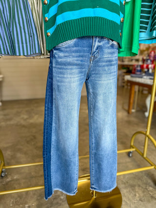 Iconic Two-Tone Contrast Side Detail Crop Wide Leg Denim - Vervet