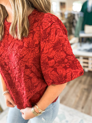 Red Runway Rose Jacquard Blouse