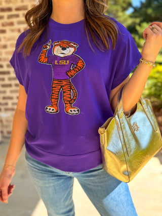 Purple Emily LSU Tiger Mascot Sequin Top
