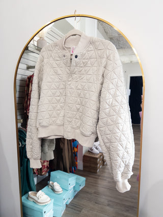 Oatmeal Quilted Please Stitch Knit Bomber Jacket