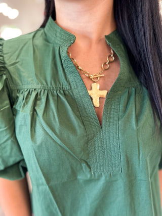 Olive Standing Collar Poplin Top