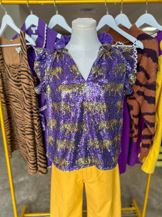 Game Day Sparkle Tiger Sequin Flutter Sleeve Tank