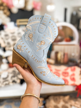 Blue Botanical Beauty Leather Boots with Embroidered Details