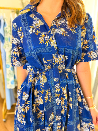 Charming In Blue Floral Tie Waist Midi Dress