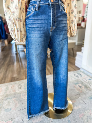 Sutton Dark Wash High Rise Crop Flare Jeans -- Risen