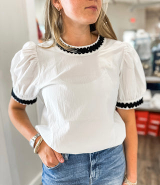 The Eloise Ivory & Black Contrast Embroidered Trim Blouse