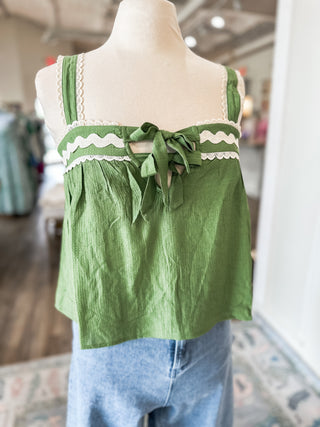 Light Olive Front Split Tie Top W/ Wavy Trim