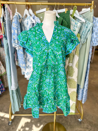 Kelly Green & Cerulean Alina Floral Ruffle Shift Mini Dress