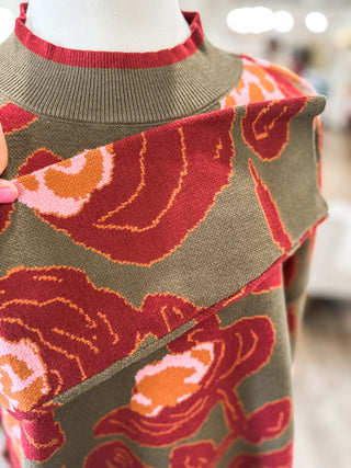Olive & Red Painted Petals Long Sleeve Sweater
