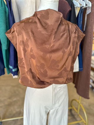 Mocha In Bloom Jaqucard Mock Neck Top