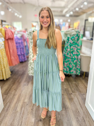 Blue & Green Morning by the Marina Stripe Midi Dress Large