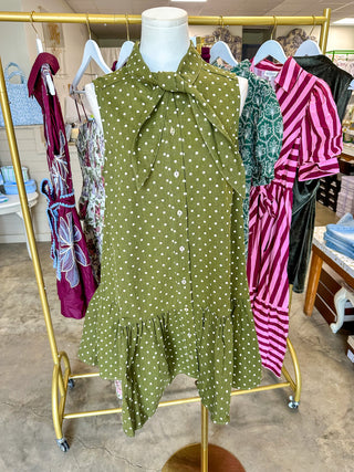Olive Polished Polka Dots Tie Neck Mini Dress
