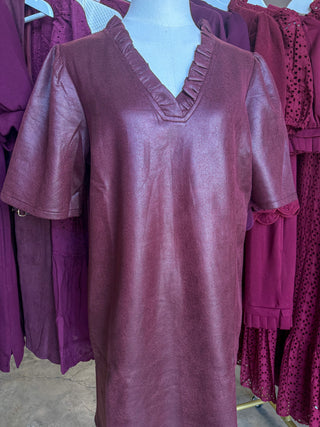 Burgundy Ruffled & Sweet Faux Leather Mini Dress