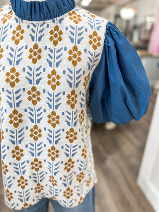Blue & Gold Daisy Row Puff Sleeve Top