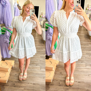 White Split Neck Pintuck Tiers Dress