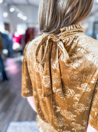 Mustard Fall Floral Pleated & Smocked Velvet Top