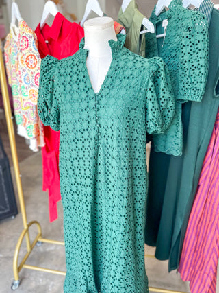 Hunter Green Sweet Eyelet Moments Midi Dress