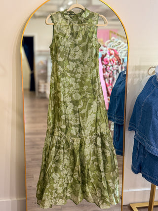 Green Painted Garden Mock Neck Maxi Dress