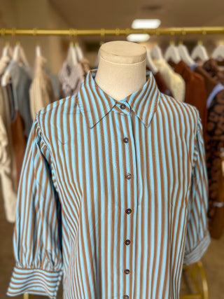 Blue & Camel Harvest House Striped Button Down Top