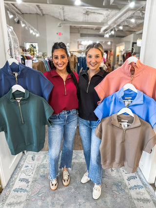 DOORBUSTER: Cornflower Blue Polish Scuba Half Zip Short Sleeve Pullover