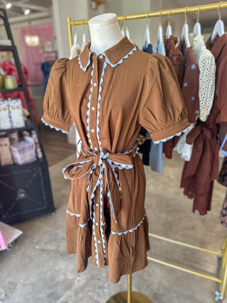 Brown Autumn Picnic Ric Rac Trim Belted Mini Dress