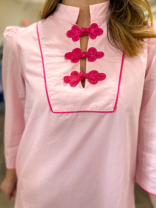 Pink Contrast Trim Tiered Knot Button Detail Mini Dress
