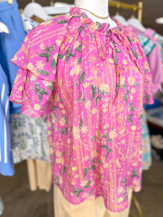 Pink Citrus Spritz Short Ruffled Sleeve Top