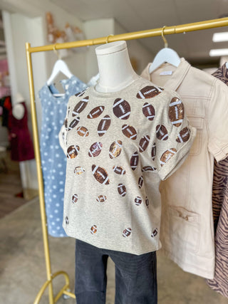 Tailgate to Touchdown Oatmeal Scattered Sequin Football Luxe Tee