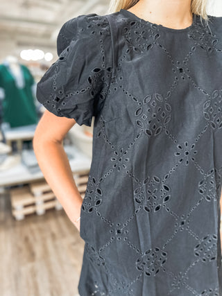 Black Sweet Magnolia Eyelet Mini Dress