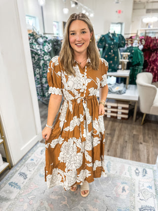 Taupe Evening Petals Short Sleeve Midi Dress
