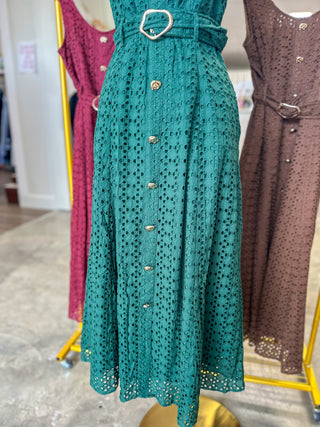 Hunter Green Charlotte Eyelet Belted Maxi Dress