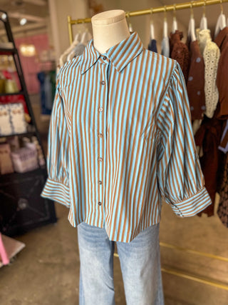 Blue & Camel Harvest House Striped Button Down Top