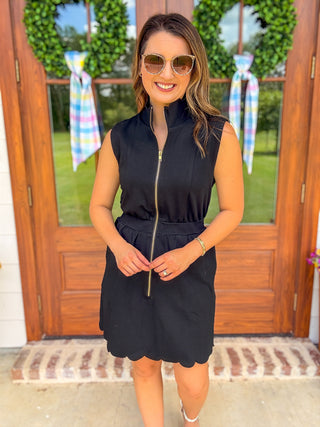 Black On the Move Scallop Zip Mini Dress