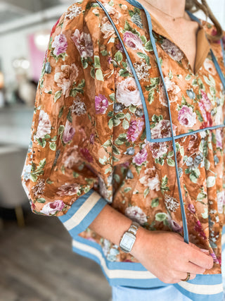 Autumn Painterly Rose Contrast Trim Blouse