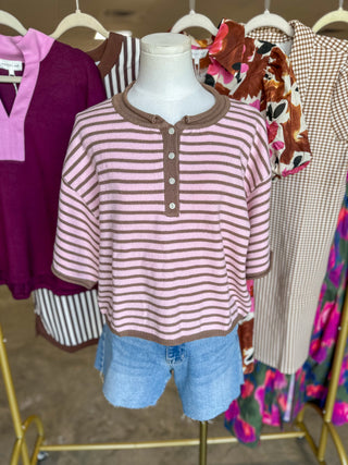Chocolate Strawberry Striped Short Sleeve Henley Knit Top