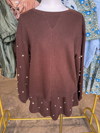 Brown Pearl Charm Long Sleeve Top & Skort Set