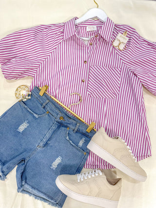 Style Everyday Off White/Magenta Striped Puff Sleeve Blouse