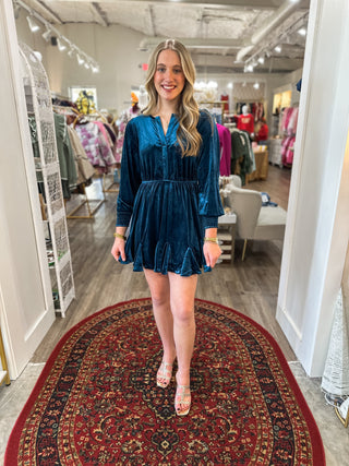 Dark Teal Dancing In The Knit Velvet Mini Dress