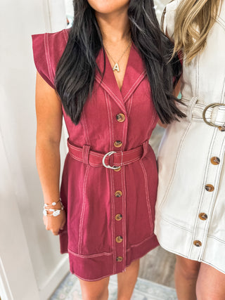 The Sienna Burgundy Belted Mini Dress