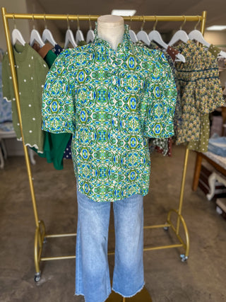 Green & Blue Garden Tile Ruffle Neck Button Down Top
