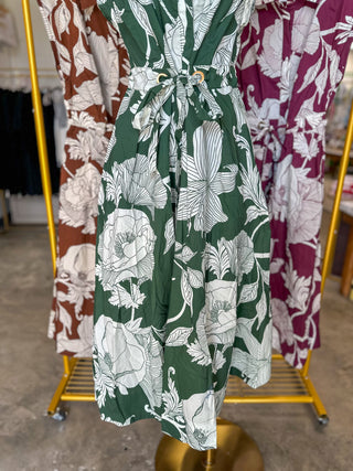 Fern Garden Society Collared Tie Waist Maxi Dress