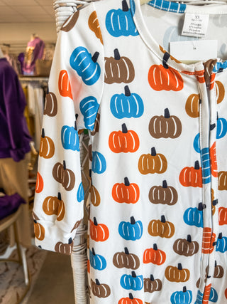 Blue & Orange Pumpkin Long Sleeve Zippie Pajamas