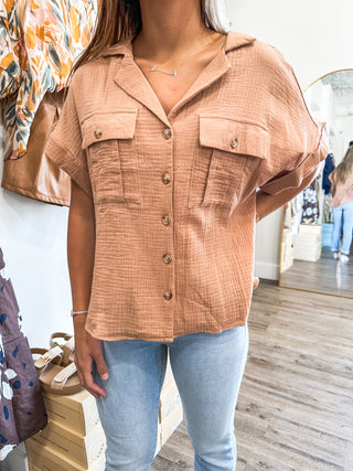 Cappuccino Gauze Button Down Folded Sleeve Top