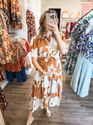 Taupe Evening Petals Short Sleeve Midi Dress